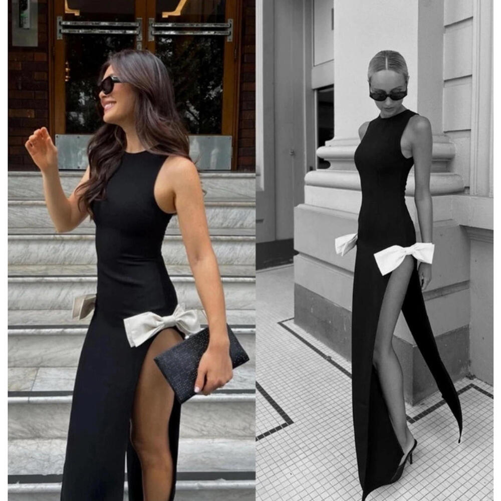 Atoir Jana High Slit Bow Embellished Maxi Dress In Black SIZE US 2 $401 msrp NWT